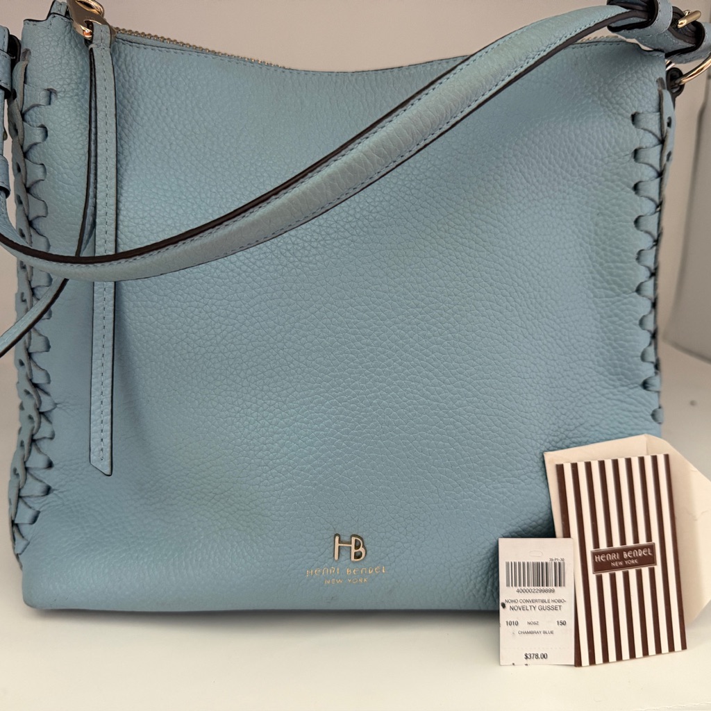 Henri Bendel Chambray Blue Hobo Bag Whipstitch Accent Zip Closure Gold Hardware